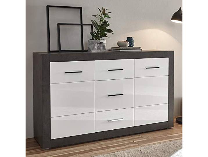 Lomadox Dressoir in hoogglans wit met betonlook donker
