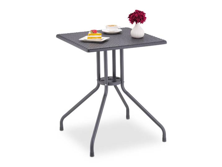 Relaxdays Gartentisch Grau Rattan-Optik, Kunststoff, Metall, 61x75x61 cm, Gartenmöbel, Gartentische, Gartentische