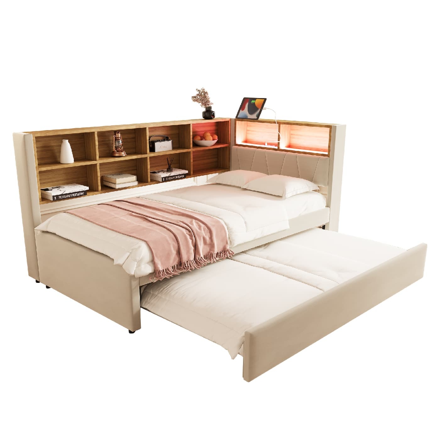 Schlafsofa(Beige)Ausziehbett,ausgestattet mit LED Leuchten,Steckdosen und vielen Ablagefächern,Polsterbett,Multifunktionsschlafsofa,Einzelbett