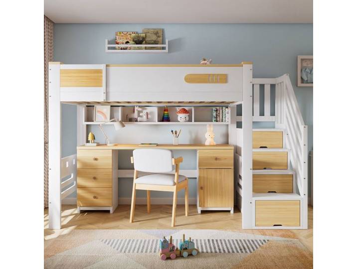 Lit mezzanine 90x200 cm - Lit mezzanine enfant avec bureau et tiroirs - escalier-coffre - blanc et bois