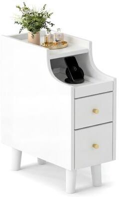 Costway Solid Wood Night Side Table Narrow Bedside Table Nightstand with Pull-out Tray and 2 Storage Drawers-White