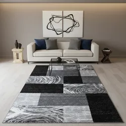 Kurzflorteppich DRAU, abstrakt kariert, Schwarz, 80 x 150 cm