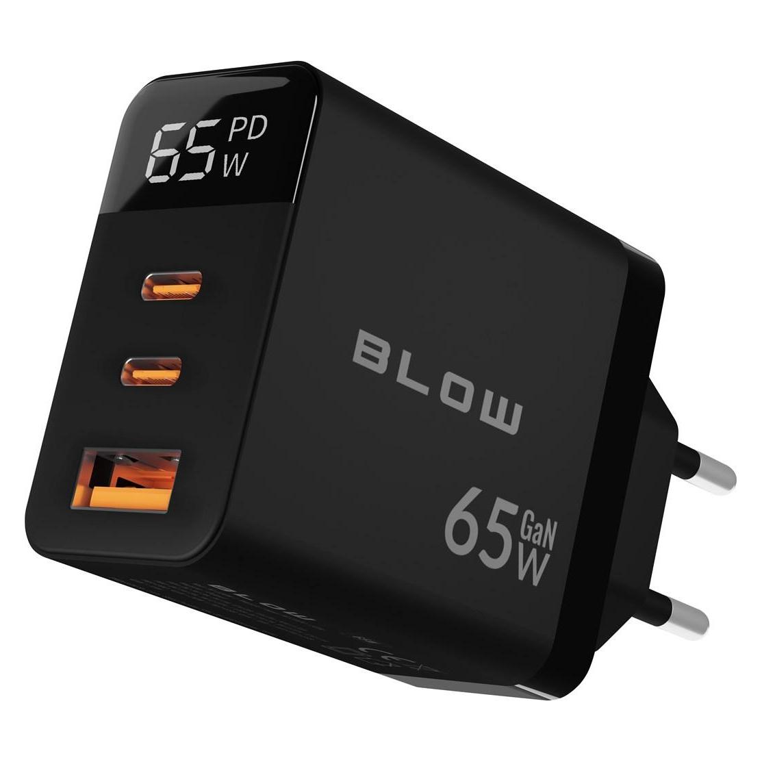 Blow LCD-Wandladegerät mit USB-Anschluss + 2x USB-C PD 65W GAN-Wattmeter (schwarz) (65 W, 3 Ports) (76-030#)