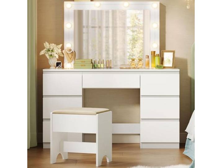 WOLTU Schminktisch mit Beleuchtung Hollywood, Hocker, 7 Schubladen Mit Spiegel und 10 Lampen, Helligkeit Einstellbar, Frisiertisch 107 cm, Moderne Möbel für Schlafzimmer, aus Holz, Weiß