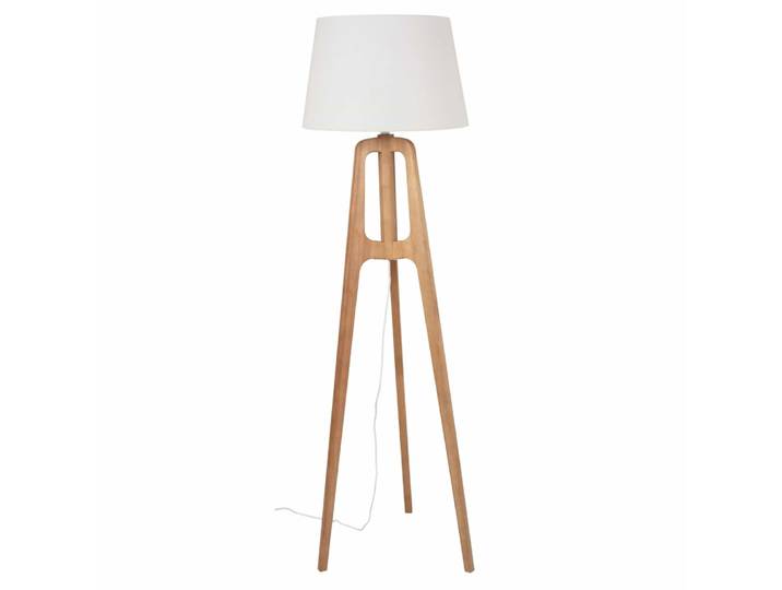 Lampadaire trépied en bois d'hévéa et abat-jour gris, H150 cm