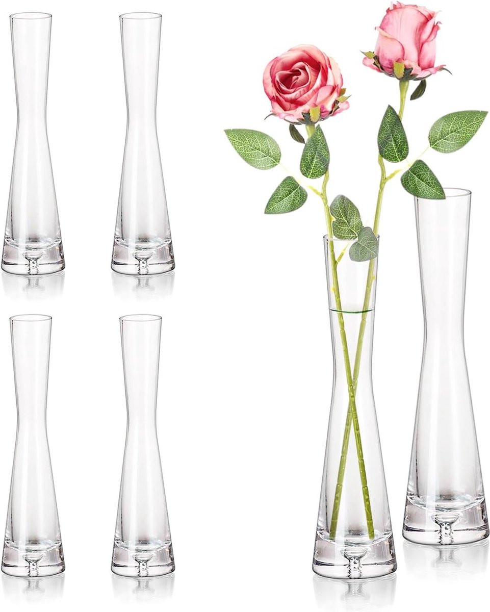 Set van 6 heldere kristallen budvazen voor decoratie, Hoogte: 20 cm