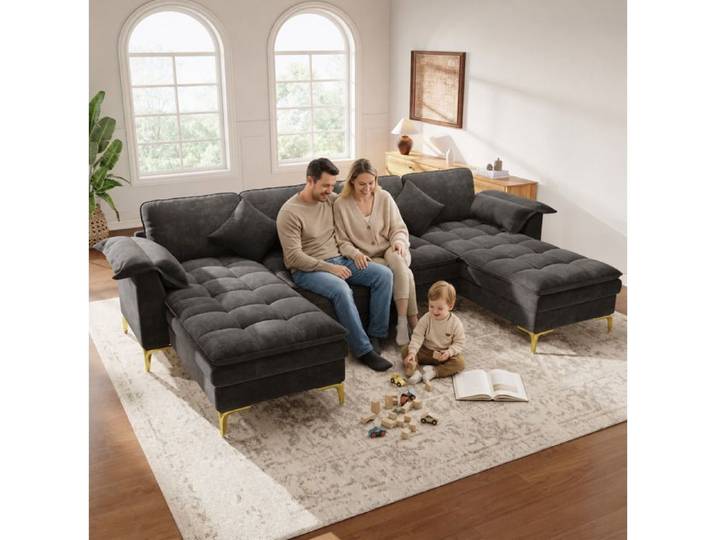ROVRYN Canapé d'angle en U modulable 4 places 2 chaises longues chenille gris