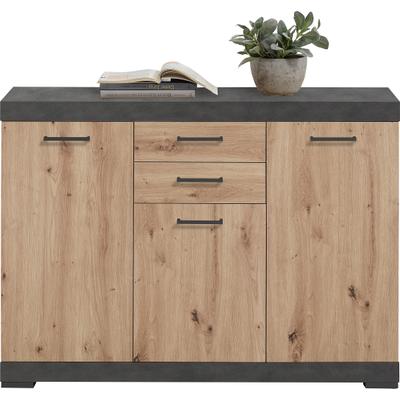 Kommode FMD "Bristol 3", schwarz (matera, artisan), B:120cm H:89,9cm T:34,9cm, Holzwerkstoff, Sideboards, Kommode, mit drei Türen und zwei Schubkästen, Breite 120 cm