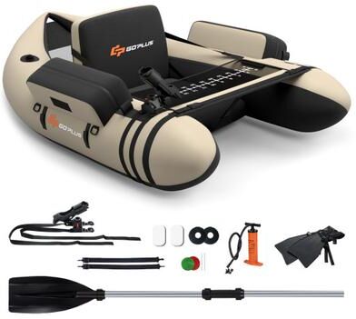 Costway Inflatable Fishing Float Tube with Pump Storage Pockets and Fish Ruler-Beige