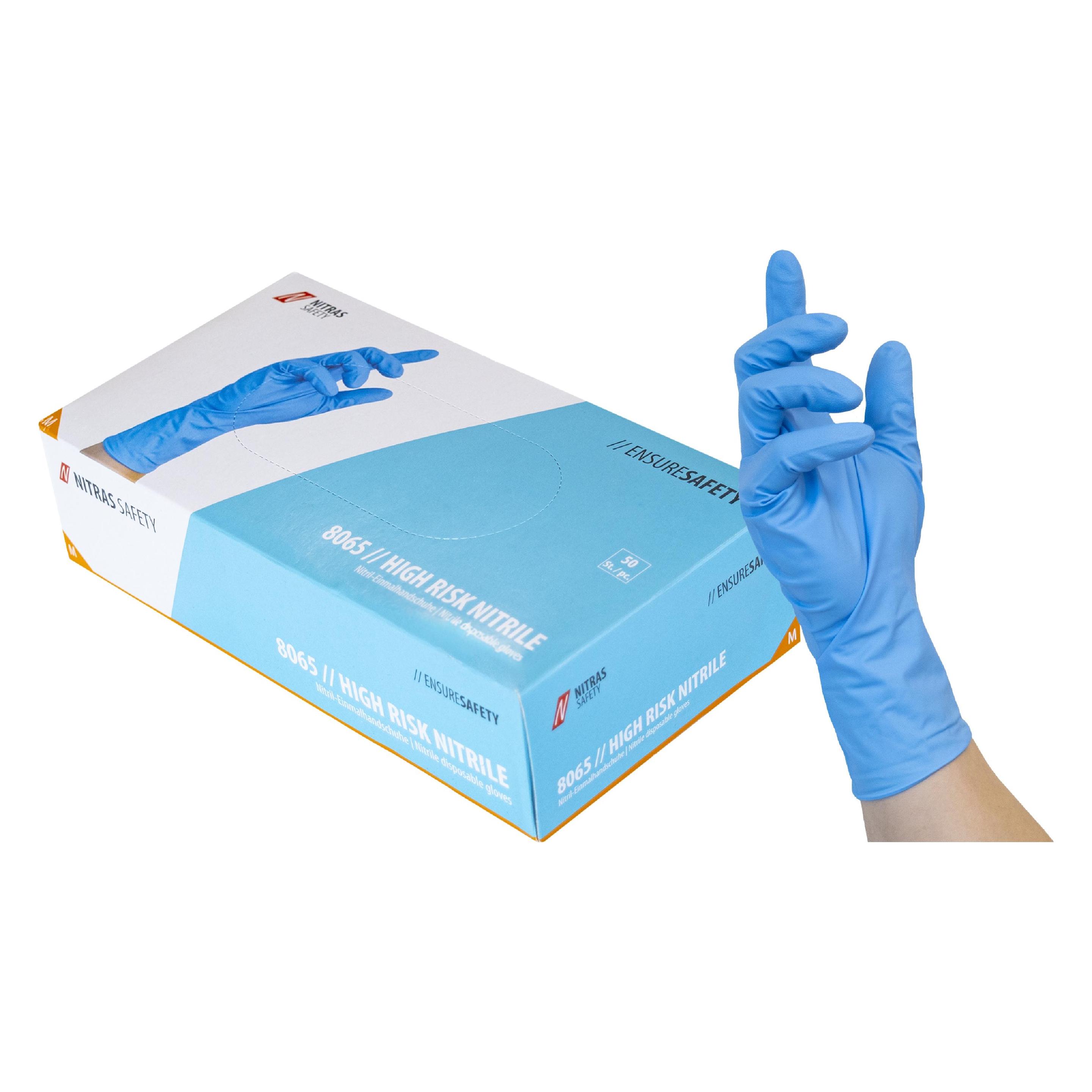 Nitras HIGH RISK NITRILE, Nitril-Einmalhandschuhe, blau (Farbcode: 2200), unsteril, Rollrand, puderf (2, XL, XS, XXL) (8065-XL)