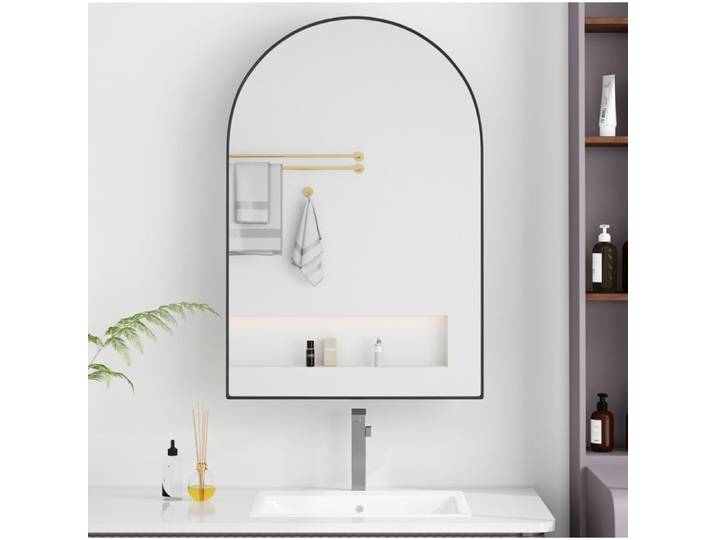 Armoire miroir murale en arche en métal noir avec étagères réglables