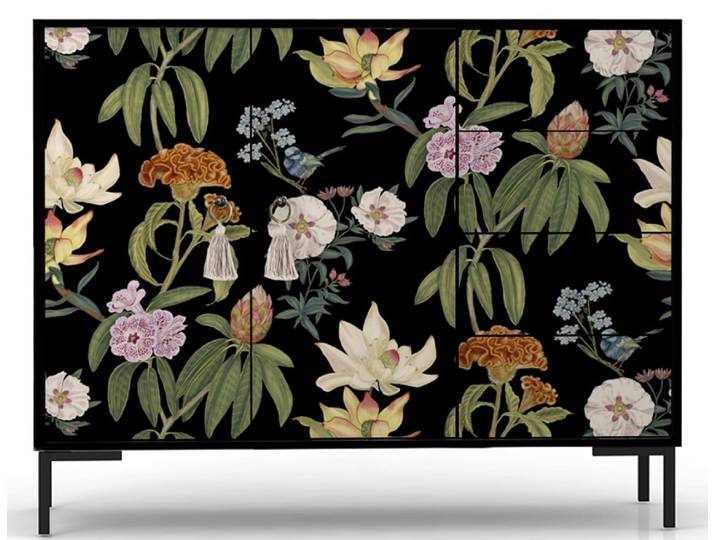 Buffet bas 2portes 4 tiroirs MDF imprimé floral sur fond noir