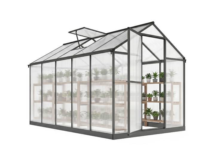 Outsunny Serre de jardin en aluminium polycarbonate, serre avec fenêtres supérieures réglables 303x183x195cm transparent