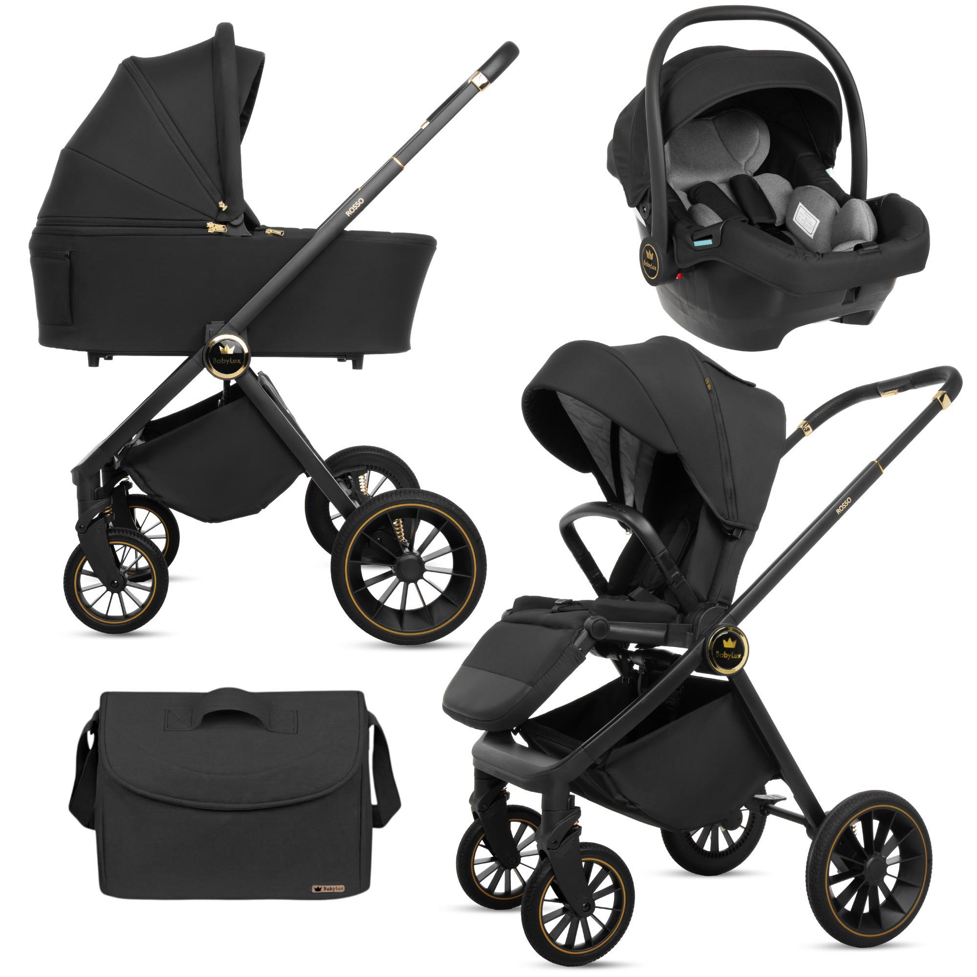 BabyLux Kinderwagen 3in1 Set ROSSO, Schwarz Faltbar Leicht Kombikinderwagen Set incl. Babywanne, Buggy Sportsitz, Babyschale i-Size, Wickeltasche