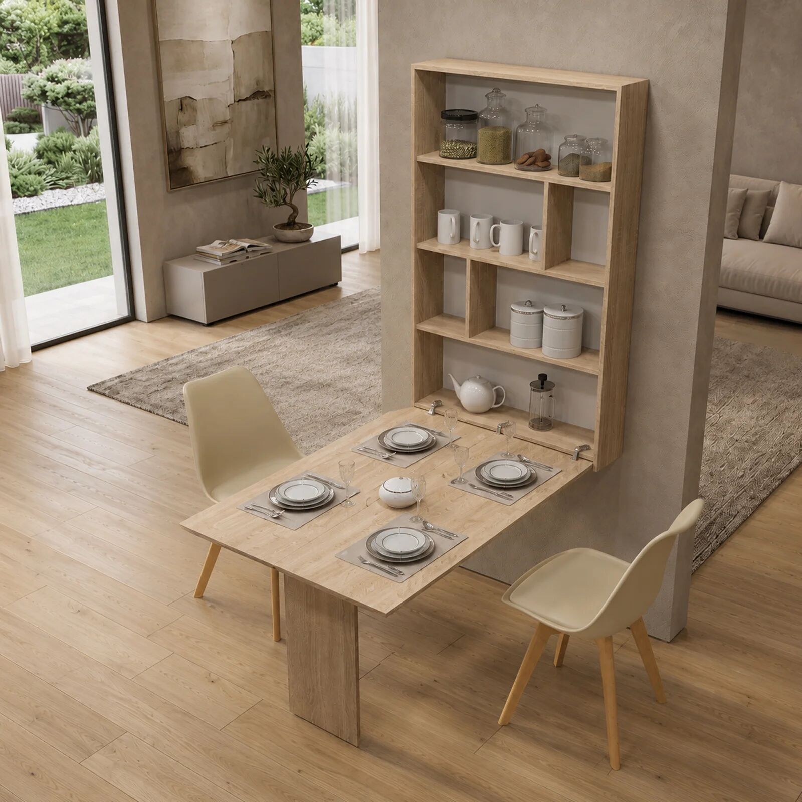 garneroarredamenti Tavolo da muro pieghevole 135x203cm a scomparsa con scaffale rovere Hope