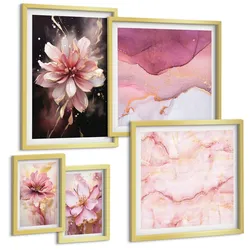 BILDER SET 5er Set - 50x50 cm & 20x30 cm & 40x60 cm Goldrahmen - Waldlandschaften der Wildnis