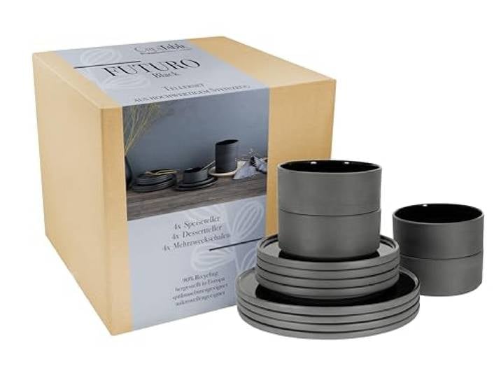 CreaTable\, 21538\, Série Futuro Black\, service de vaisselle de 12 pièces\, ensemble d'assiettes en grès.