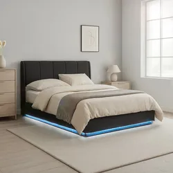 LED Polsterbett Tröstiar 140x200 cm Leinen Schwarz [en.casa]