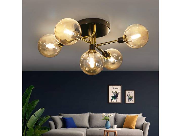Plafonnier pour salon, lampe de plafond pour chambre à coucher avec 5 boules de verre, douille G9, lampe de salon, lampe de chambre à coucher, éclairage intérieur, lampe couronne, lampe de salle à