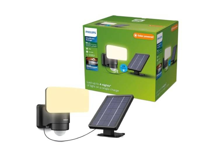 PHILIPS Tylus ultraeffiziente Solar-Sicherheitsleuchte für den Außenbereich mit Sensor, 3000K weißes Licht, 1000/50lm, Schwarz