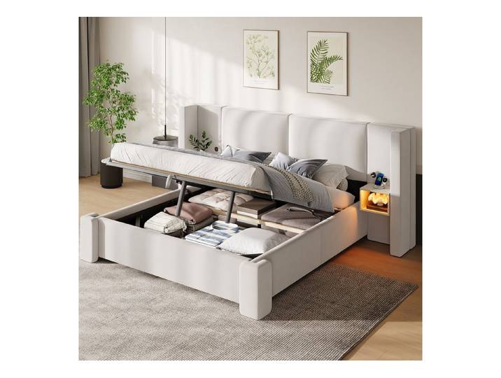 Odikalo Polsterbett Jugendbett Doppelbett Bettkasten Leinen mit LED hydraulischer (180/140x200cm Leinenpolsterbett Stauraumbett mit LED-Beleuchtung, Staufächern und hydraulischer Staufunktion(ohne Matratze)