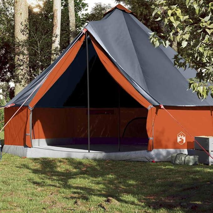 Tipi-Familienzelt 10 Personen Grau Orange | Wasserdicht, winddicht, Polyester mit PolyurethanBeschichtung, E-Anschluss, Aufbewahrungstasche, Netzwände, faltbar