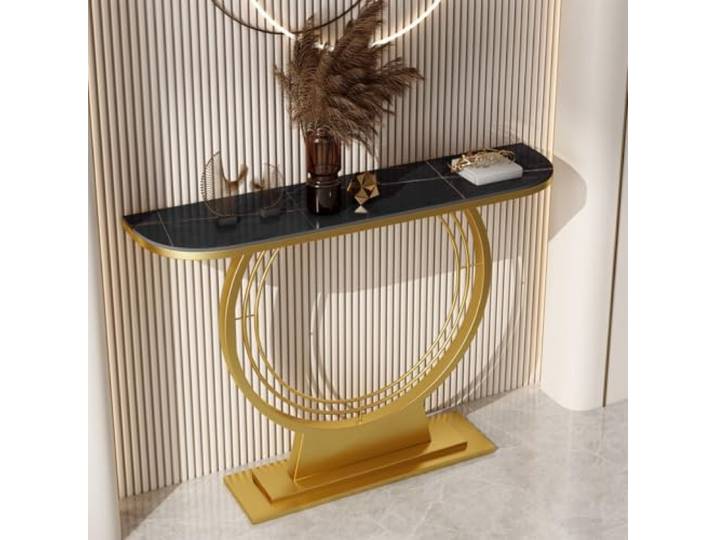 Weiwehome Moderner Konsolentisch, Sinterstein Flurtisch mit Metallgestell Sintersteinplatte, Stabiler Metallrahmen, Moderner Flurtisch, Kompaktes Design(Gold-C,39.4in)