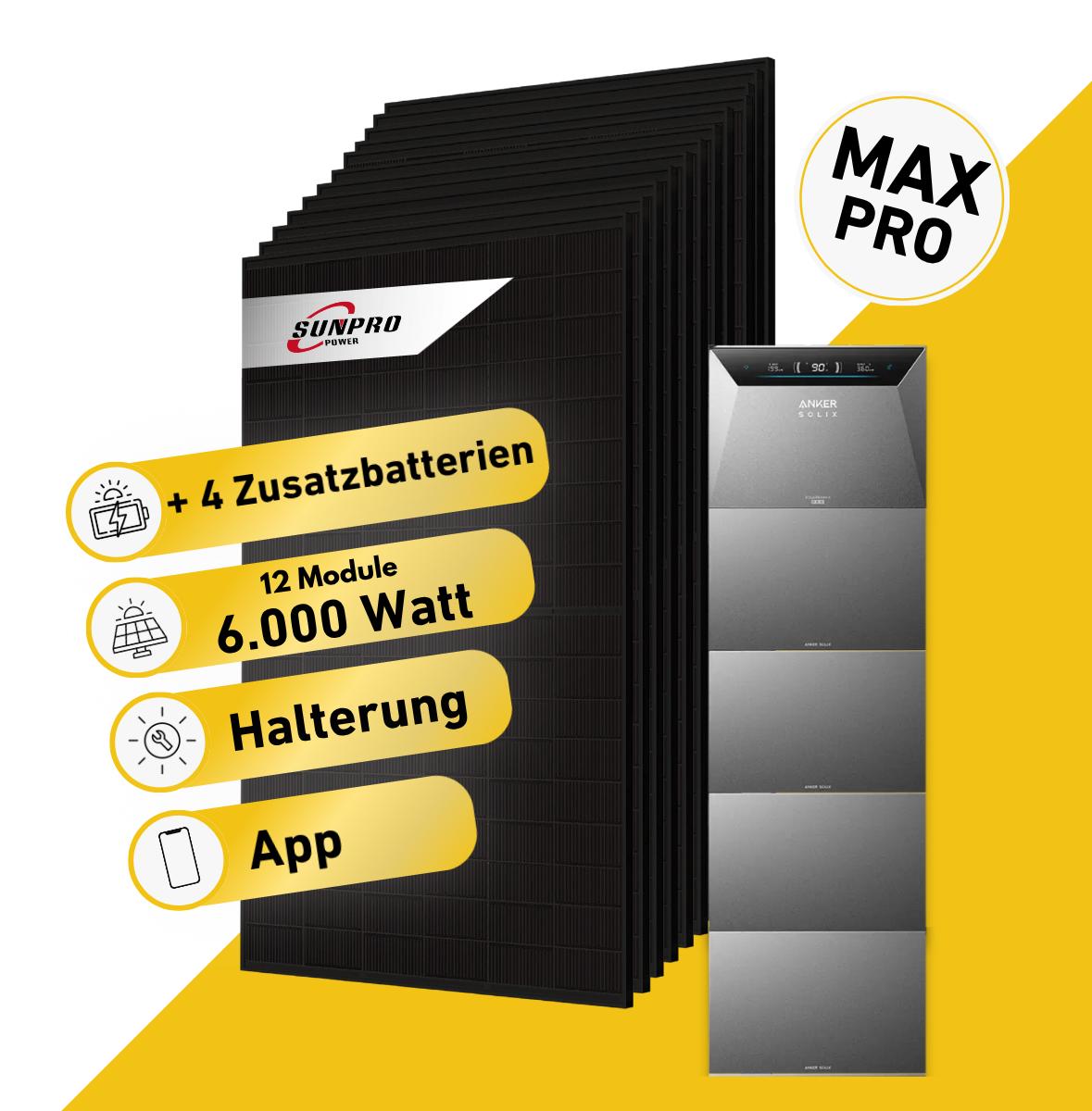 Balkonstrom Balkonkraftwerk 6000W Solaranlage mit Speicher | 4xZusatzspeicher | 12xSolarmodul Bifazial | Anker Solix 4 Pro | Kabel 15m