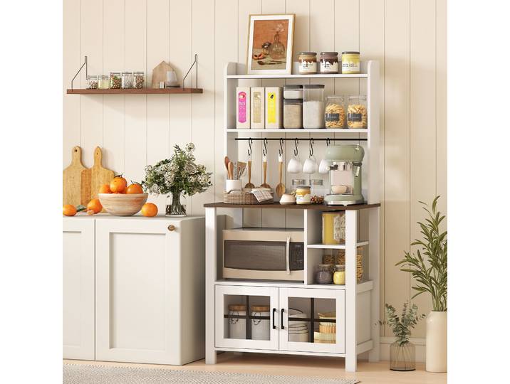 HOMCOM Armoire Cuisine Blanche 2 Portes Verre Étagères 80x40x152cm