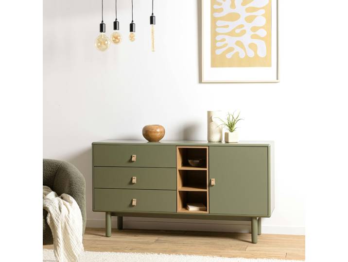 Buffet 1 porte 3 tiroirs bois vert nature GUILIN