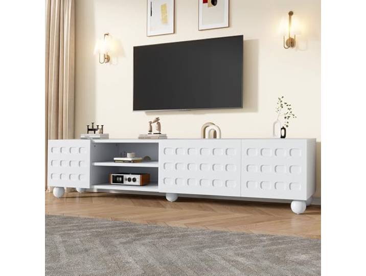 BTM 200x40x44cm TV-Schrank, 3 türiger Wohnzimmerschrank, Schranktüren mit aufgedrucktem Design, EIN 200 cm Langer TV-Ständer, Fernsehschrank mit 5 Beinen, lowboard, geeignet für bis zu 80 Zoll. Weiß