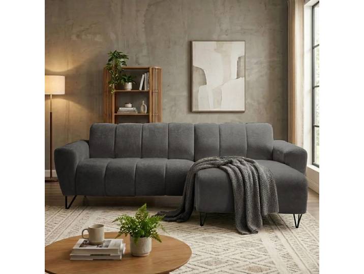 Ecksofa VOLARE MINI L-Form, Ottomane rechts, Chenille Storm in Graphit, Sofa ohne Schlaffunktion, dekorative schwarze Metallbeine