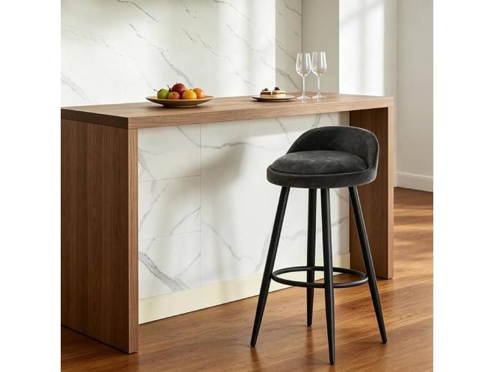 Tabouret de bar - ZEVKOR - Dossier bas - Similicuir vintage anthracite - Repose-pieds circulaire - Assise rembourrée