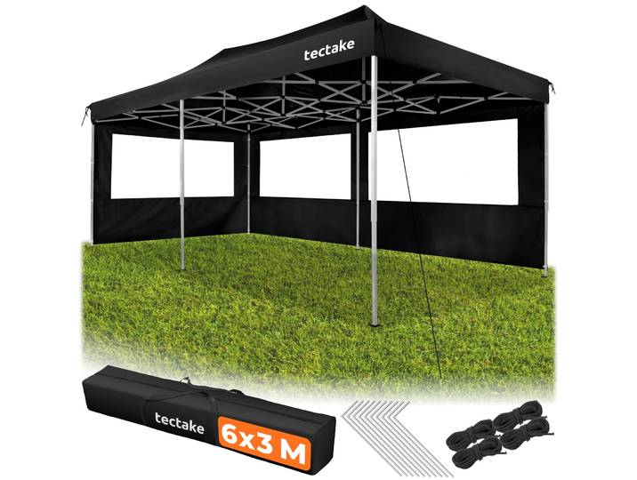Pavillon pliable Viola 3 x 6 m, aluminium, 3 parois latérales - noir