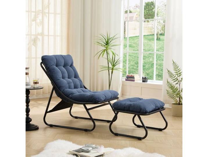 Fauteuil Inclinable Bleu Marine 65x78x86cm Structure Noire Repose-pieds Coussin Confort Jardin Salon Lecture