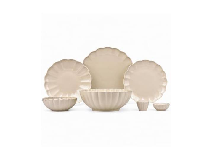 BAVARY Lotus Porzellan-Geschirrset 27-tlg. für 6 Personen, Creme-Beige Lotus-Tafelservice, Teller, Schalen, Servierschale, Salz- & Pfefferstreuer, spülmaschinen-, mikrowellen- & backofengeeignet