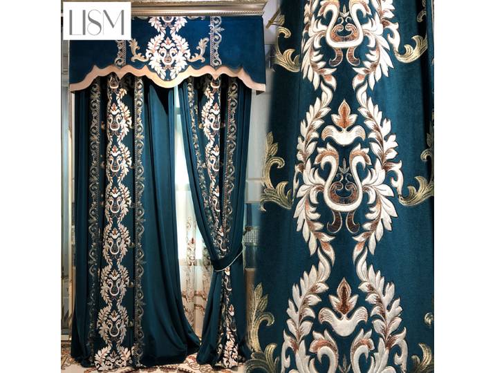 Rideaux de fenêtre brodés en flanelle bleue européenne, pour salon, chambre à coucher, Villa, fenêtre haute française, personnalisés