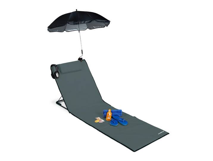 Relaxdays Strandmatte Anthrazit gepolstert mit Sonnenschirm 60x197 cm, Metall, 60x62x170 cm, Gartenmöbel, Gartenliegen