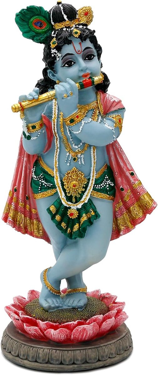 Handgemaakt Heer Krishna Standbeeld - Hindoe God Beeld voor Spirituele Decoratie - Hoogte: 21 cm