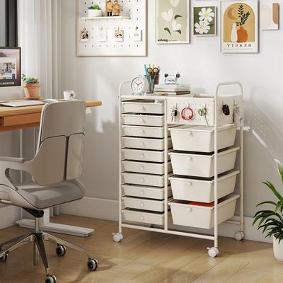 Lirago 14-Drawer Rolling Storage Cart with Metal Tabletop and Pegboard