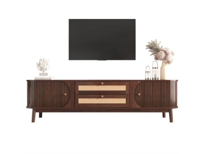 Meuble TV en mélange de bois naturel avec portes et tiroirs Meuble TV avec côtés en rotin Style maison de campagne naturelle