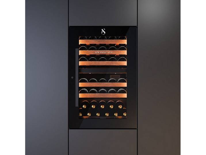 Swisscave Weinkühlschrank WIB-88DF.. 2-Zonen Weinkühlschrank, 88cm, 40 Flaschen, für 40 Standardflaschen á 0,75l,2-Zonen-Kühlung, UV-abweisende Doppelglas-Tür, Sapele-Holz-Vollauszüge