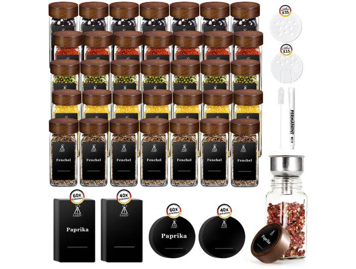 Pots à épices en verre avec couvercles en bois d'acacia, 35 pièces, pots d'assaisonnement de 120ml/4oz, bouteilles de stockage pour l'organisation et le stockage des épices