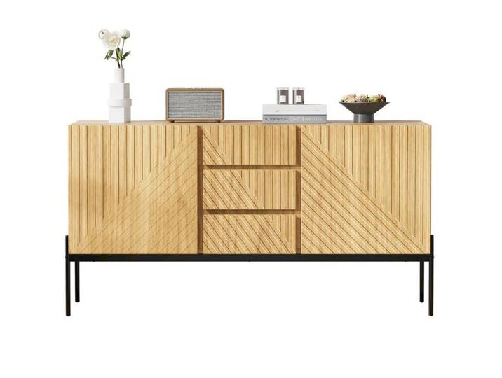 Commode 150x40x75 cm 2 portes 3 tiroirs style vintage couleur bois