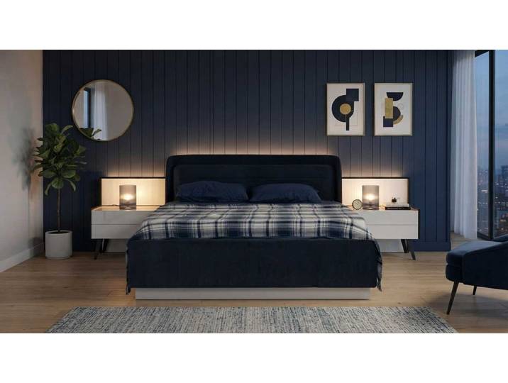 JVmoebel Schlafzimmer-Set Doppelbett Bettgestell 2x Nachttisch Blau Beige Modern Edel Set, (3-tlg., 2x Nachttische, Bett)