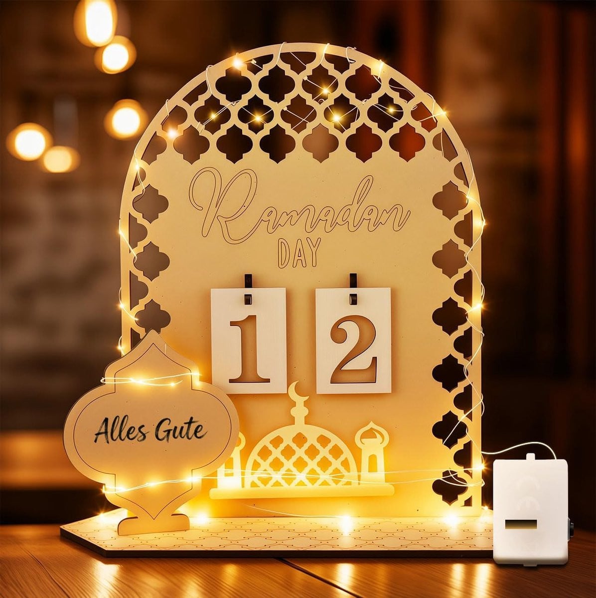 Houten Ramadan aftelkalender met LED voor kinderen en volwassenen, Eid Mubarak decoratie