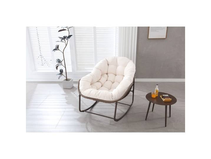 Fauteuil à bascule en rotin tressé blanc chaise oeuf intérieur/extérieur avec coussin épais