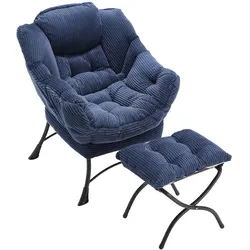 MODFU Lounge Sessel mit Hocker Marineblau 70x64x95 cm mit Armlehnen Seitentasche, ergonomischer Rücken, Stahlrahmen, weicher Flanellbezug