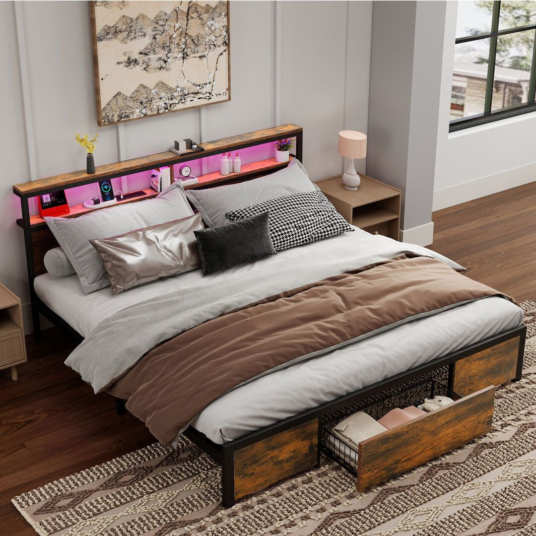 Metro 96cm Height Bed Frame with LED Headboard No Box Spring Needed Brown Super King (6')