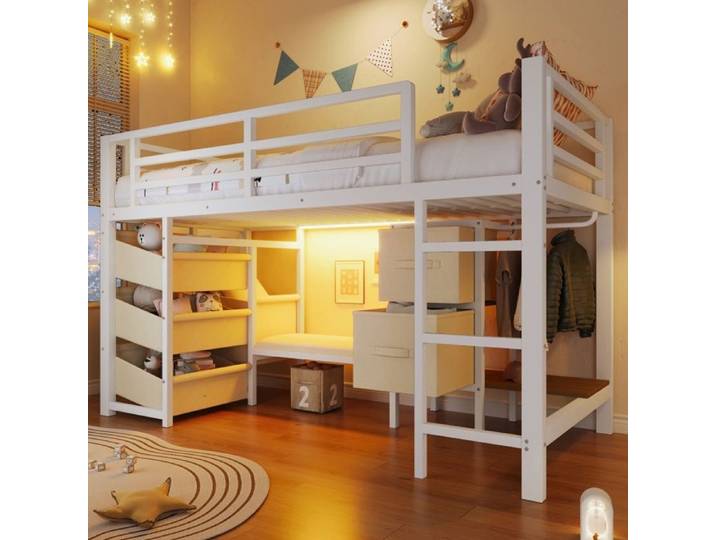 Lit mezzanine 90x200cm lit mi-haut en métal avec coussin Lit enfant tiroir en tissu lit simple lampe LED tringle à vêtements noir